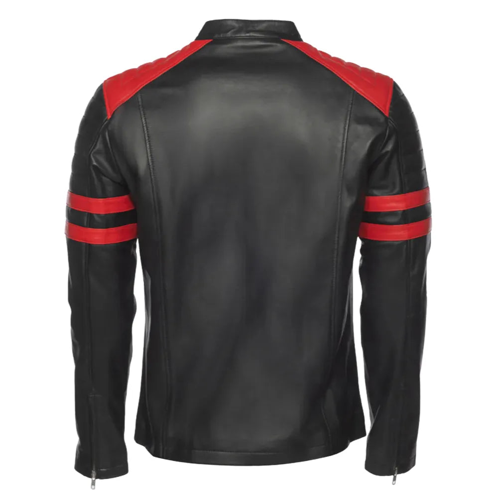 Black moto style jacket with shoulder and arm patches