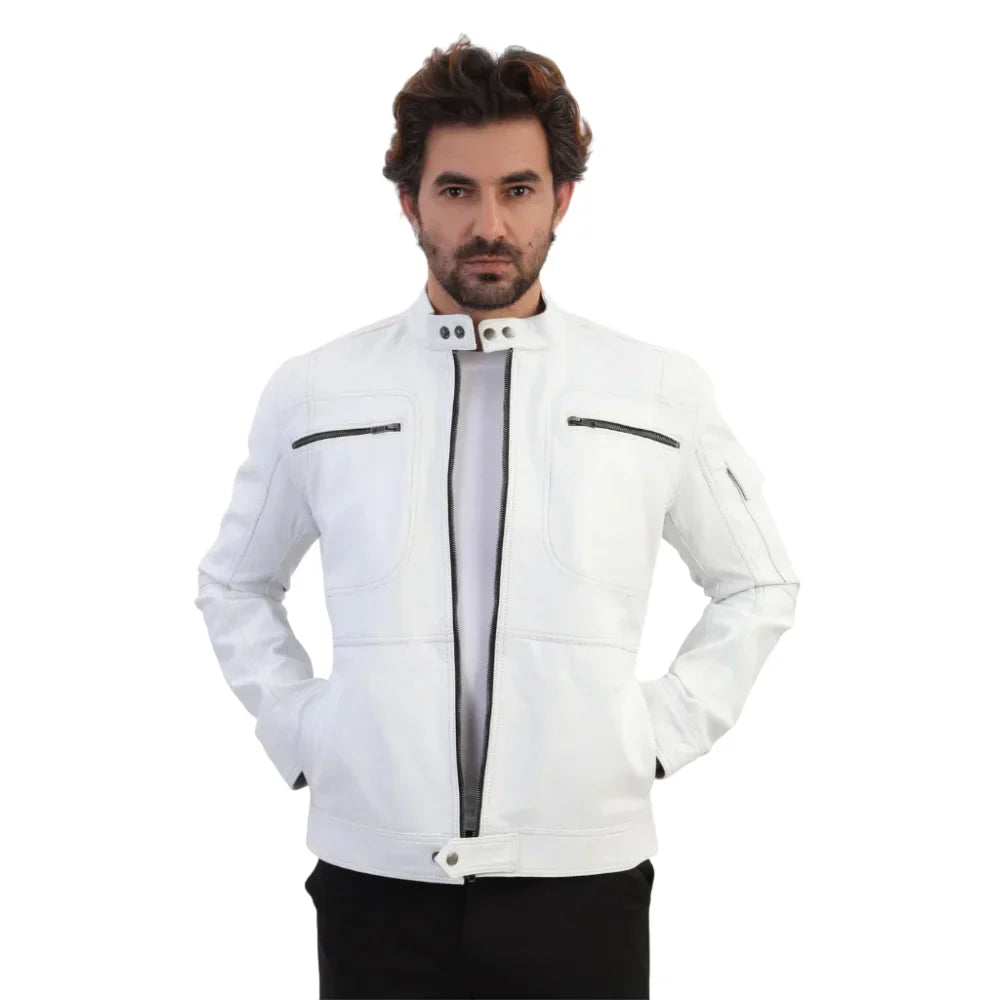 Plain White moto style leather jacket