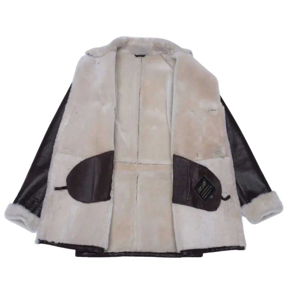 Jozef's 3/4 length brown shearling buttoned coat