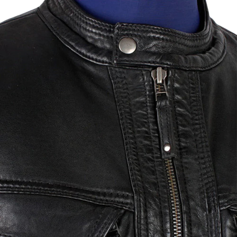 Men's Bonito Black Leather Jacket with flap pockets