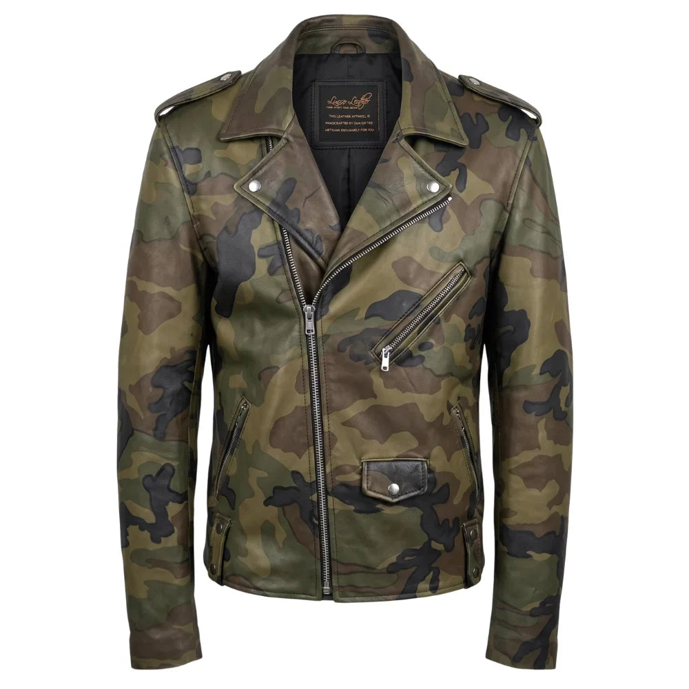 Military Printed Camouflage Leather Biker Jacket