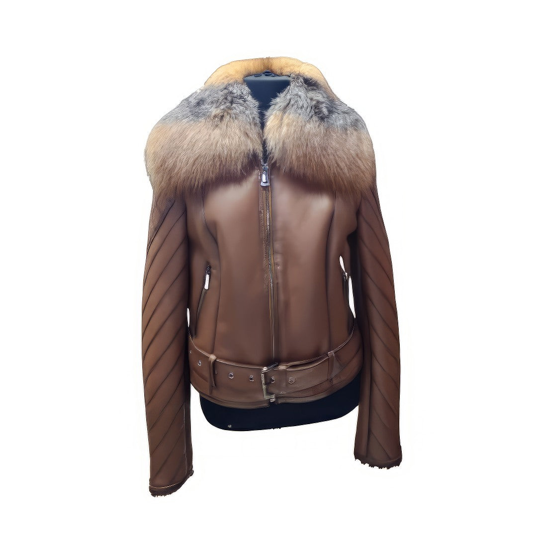 Lumins quilted shearling jacket with crystal fox fur