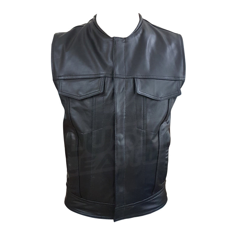 Collarless "Club Rider" Motorcycle leather Vest with zippered lining for patches