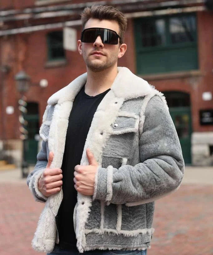 Aiden's Distressed Grey Shearling Trucker Jacket