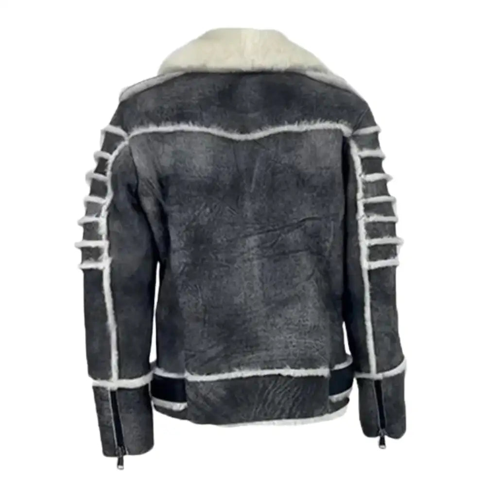 Albert Distressed Grey Shearling Leather Biker Jacket