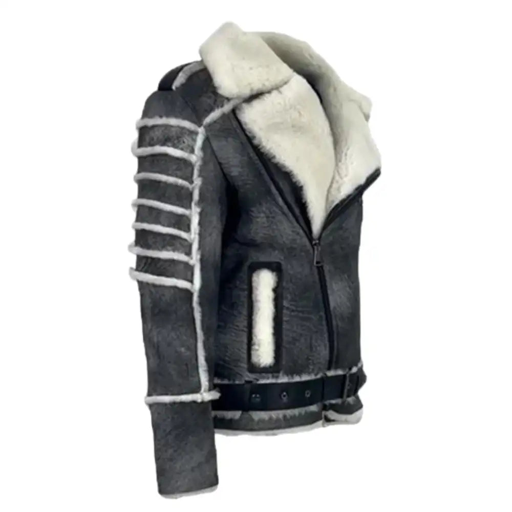 Albert Distressed Grey Shearling Leather Biker Jacket