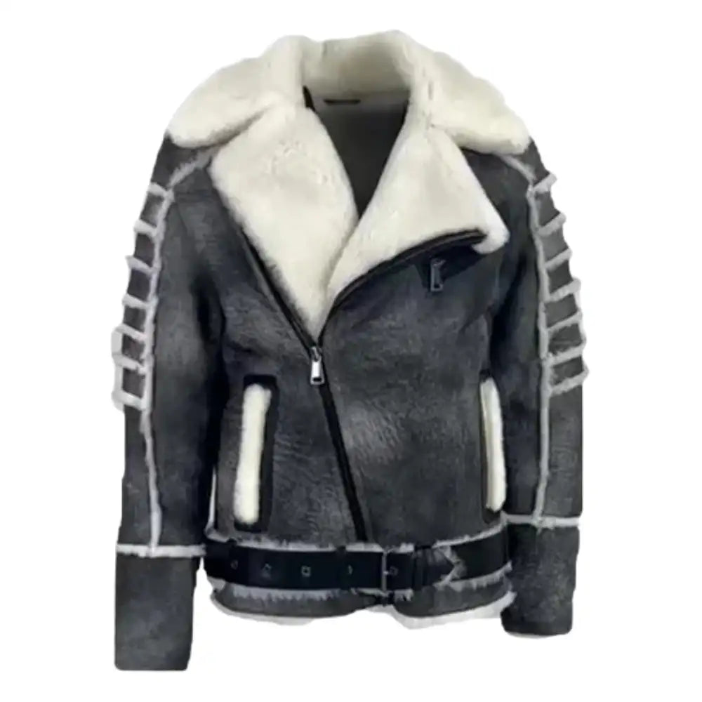 Albert Distressed Grey Shearling Leather Biker Jacket