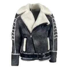 Albert Distressed Grey Shearling Leather Biker Jacket