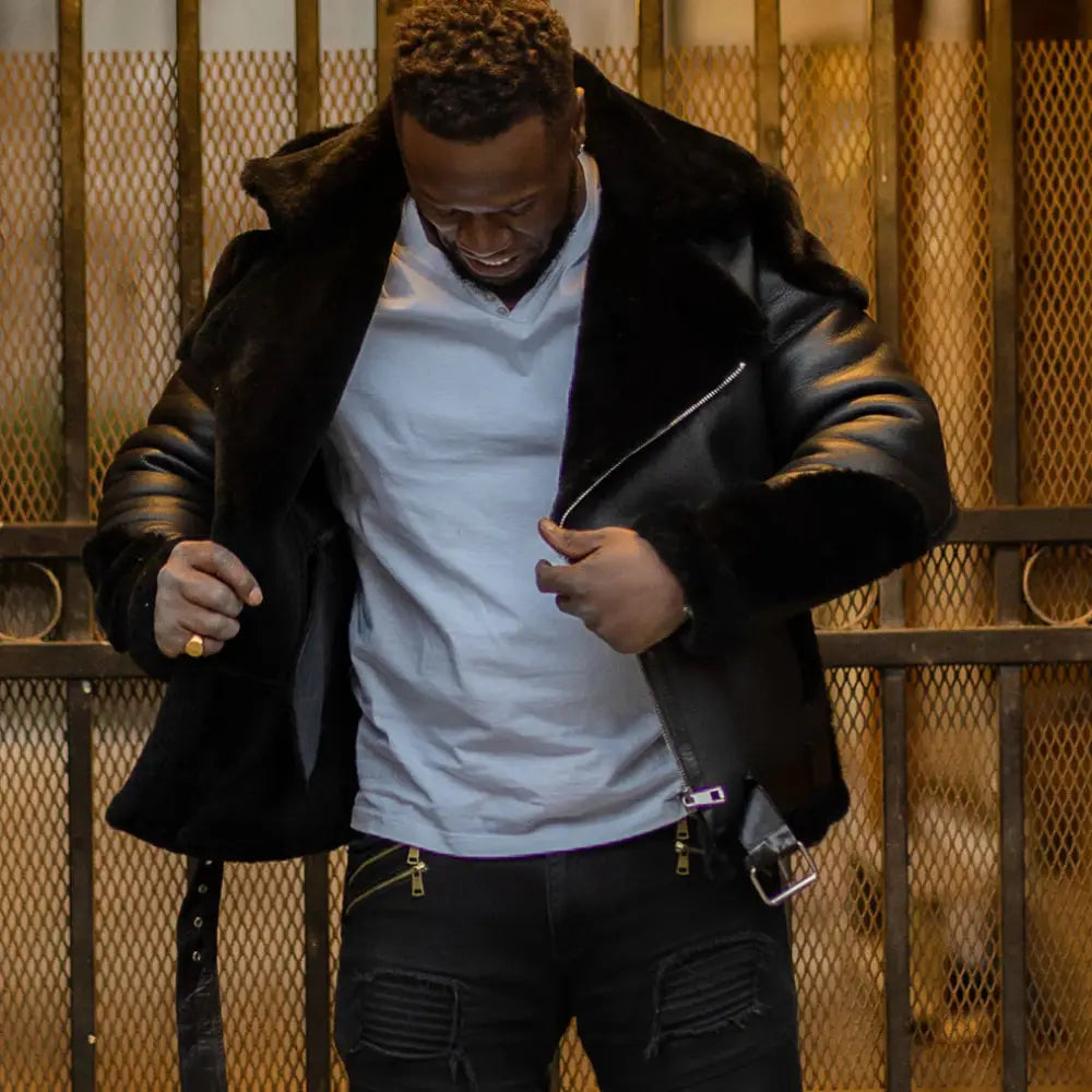 Alek's Black Shearling Leather Biker Jacket