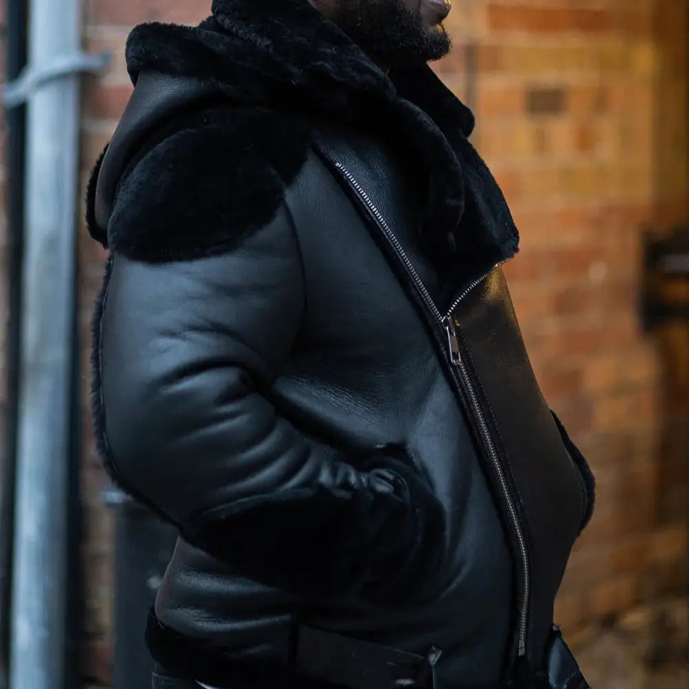 Alek's Black Shearling Leather Biker Jacket