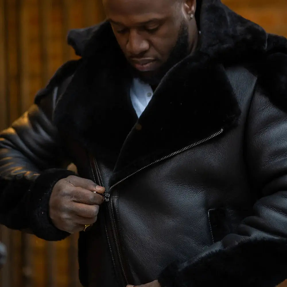 Alek's Black Shearling Leather Biker Jacket