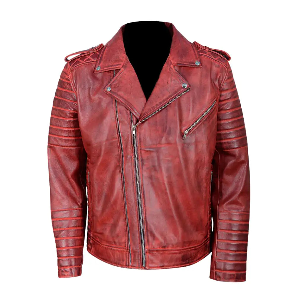 Antique Red Quilted Leather Biker Jacket