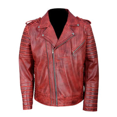 Antique Red Quilted Leather Biker Jacket