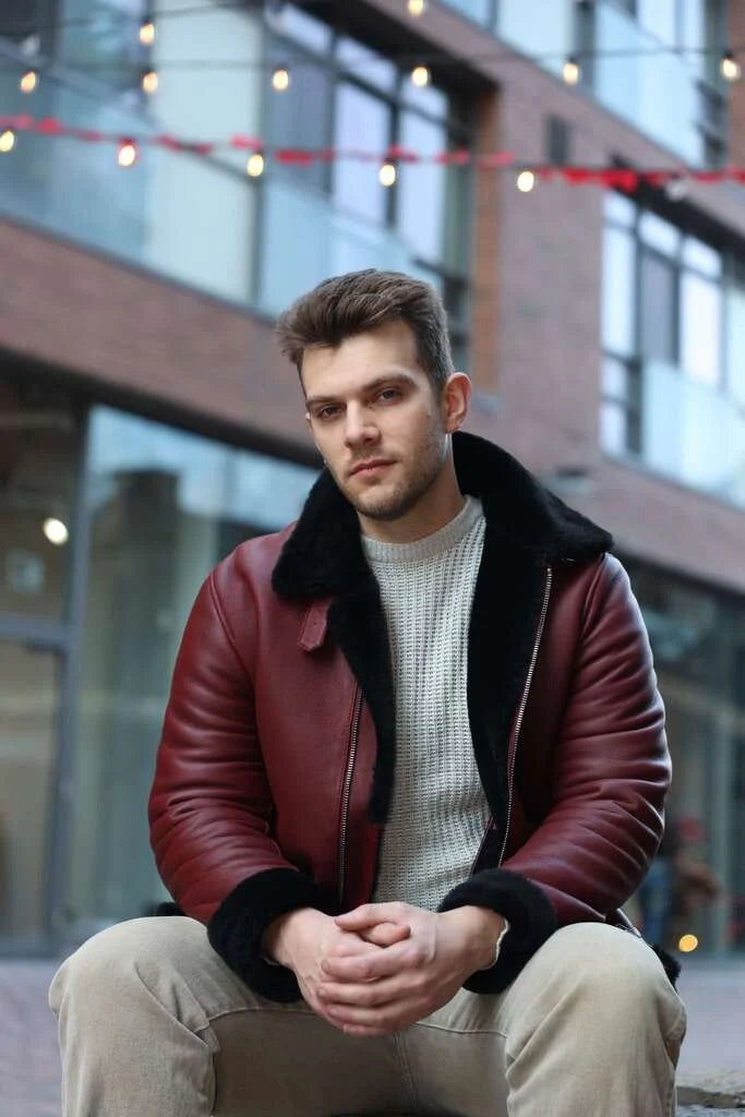 Aurelius Burgundy B3 bomber shearling jacket