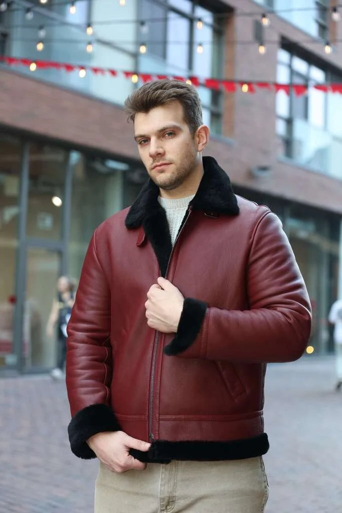 Aurelius Burgundy B3 bomber shearling jacket