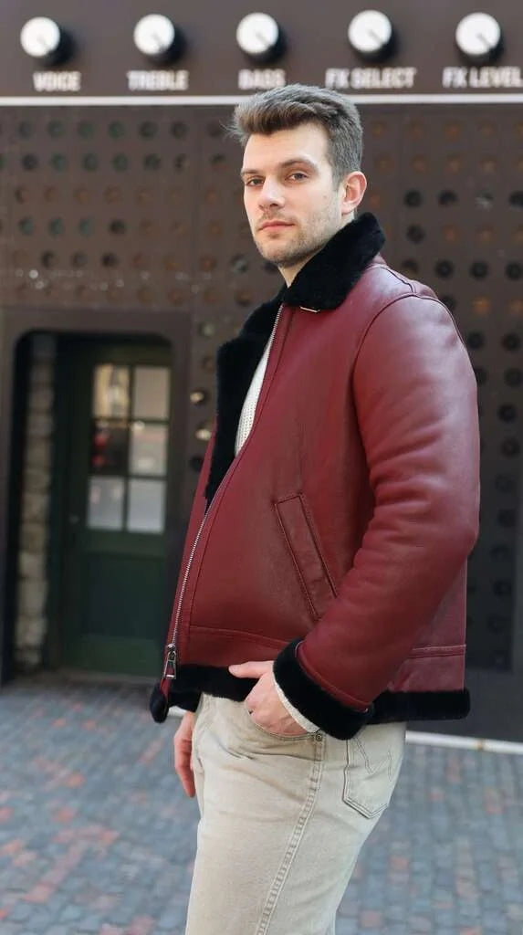 Aurelius Burgundy B3 bomber shearling jacket