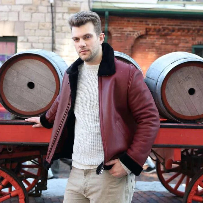 Aurelius Burgundy B3 bomber shearling jacket
