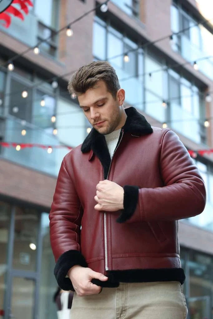 Aurelius Burgundy B3 bomber shearling jacket