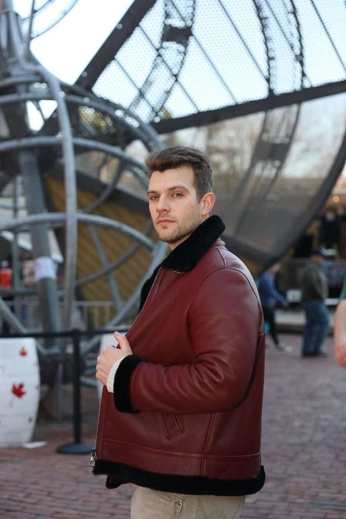 Aurelius Burgundy B3 bomber shearling jacket