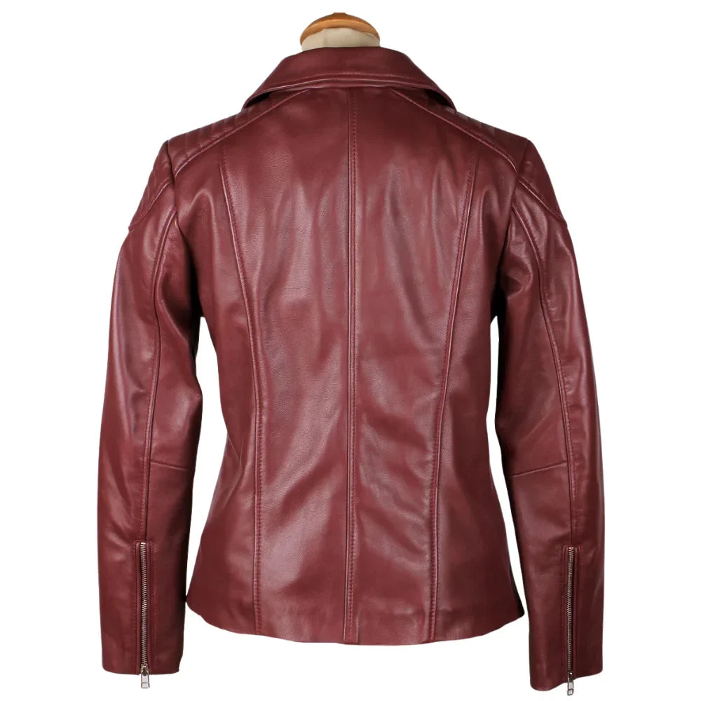 Ayla's Women's Burgundy Biker Style Jacket With Double Lapels