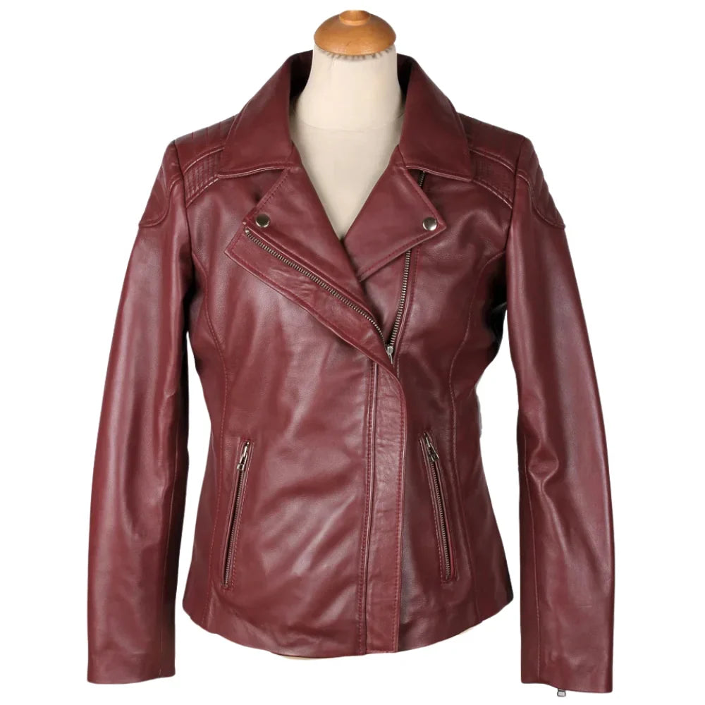 Ayla's Women's Burgundy Biker Style Jacket With Double Lapels