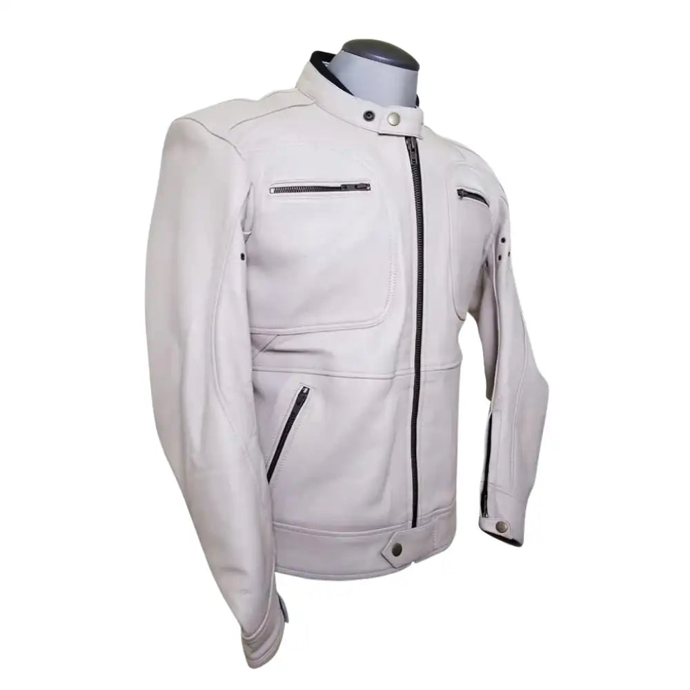 Beige Armored Leather Motorcycle Jacket