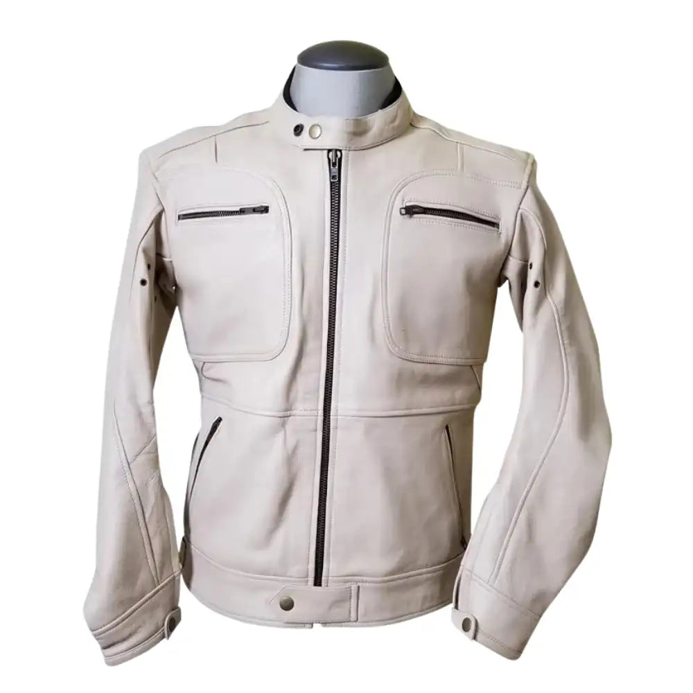Beige Armored Leather Motorcycle Jacket