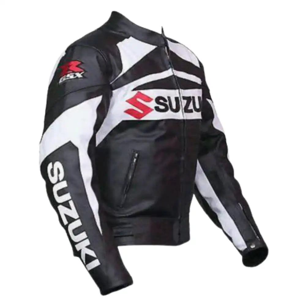 Black & White Armored Suzuki GSXR Leather Motorcycle Jacket