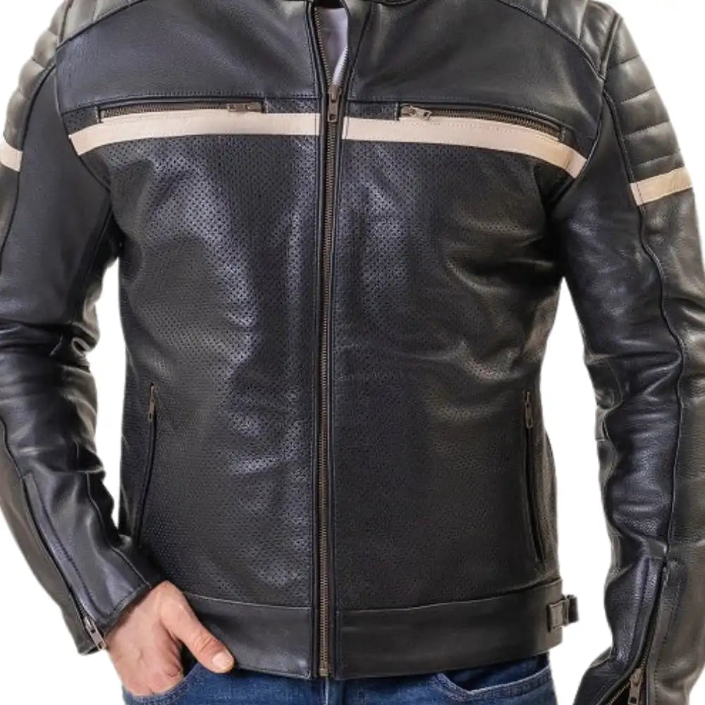 Black Armored Cafe Racer Leather Motorcycle Jacket