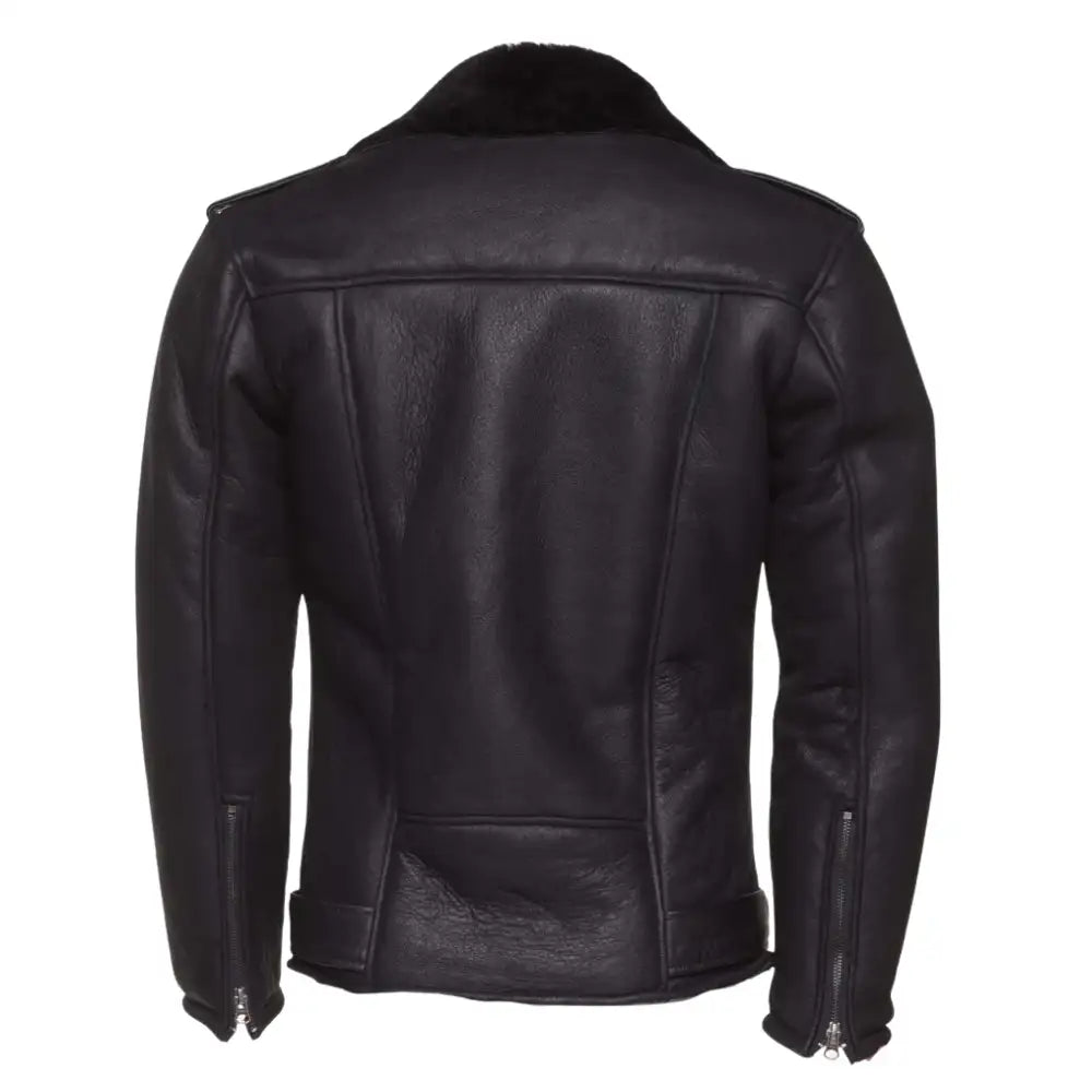 Black on Black Belted Shearling Leather Biker Jacket