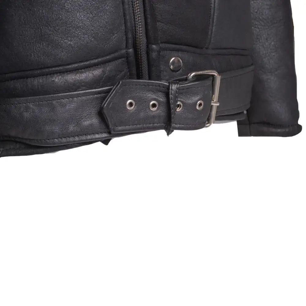 Black on Black Belted Shearling Leather Biker Jacket