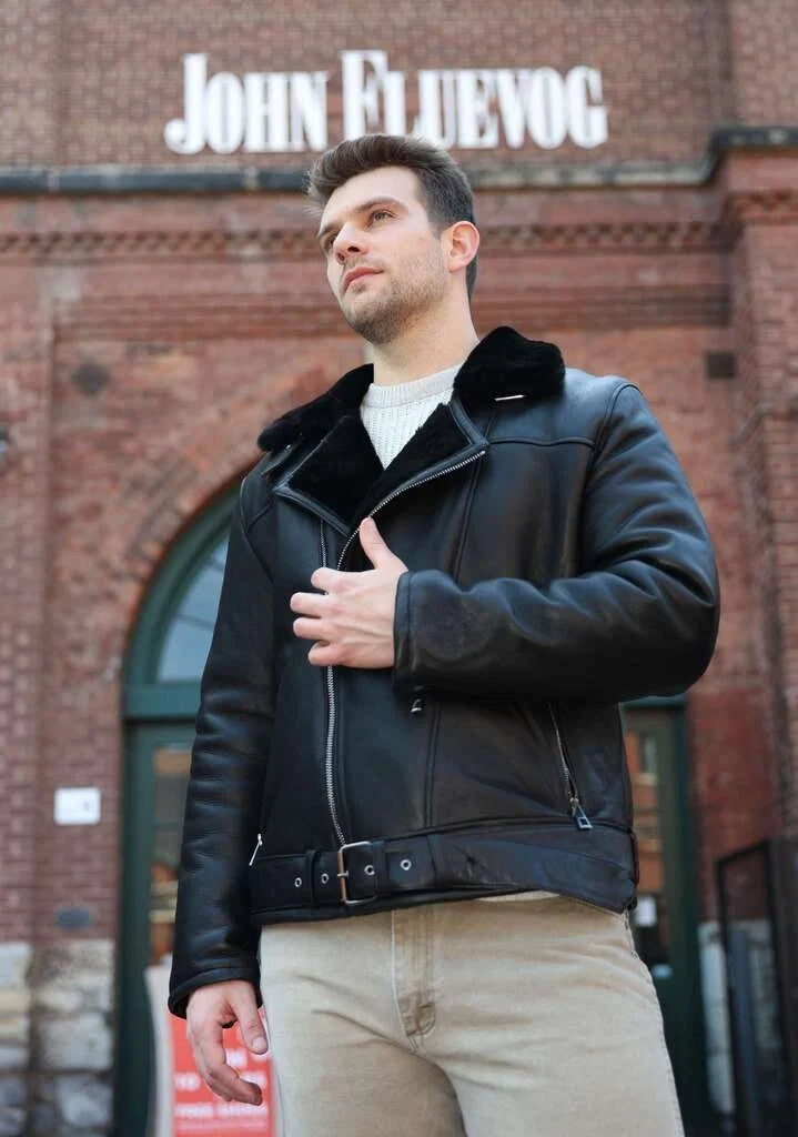 Black on Black Belted Shearling Leather Biker Jacket