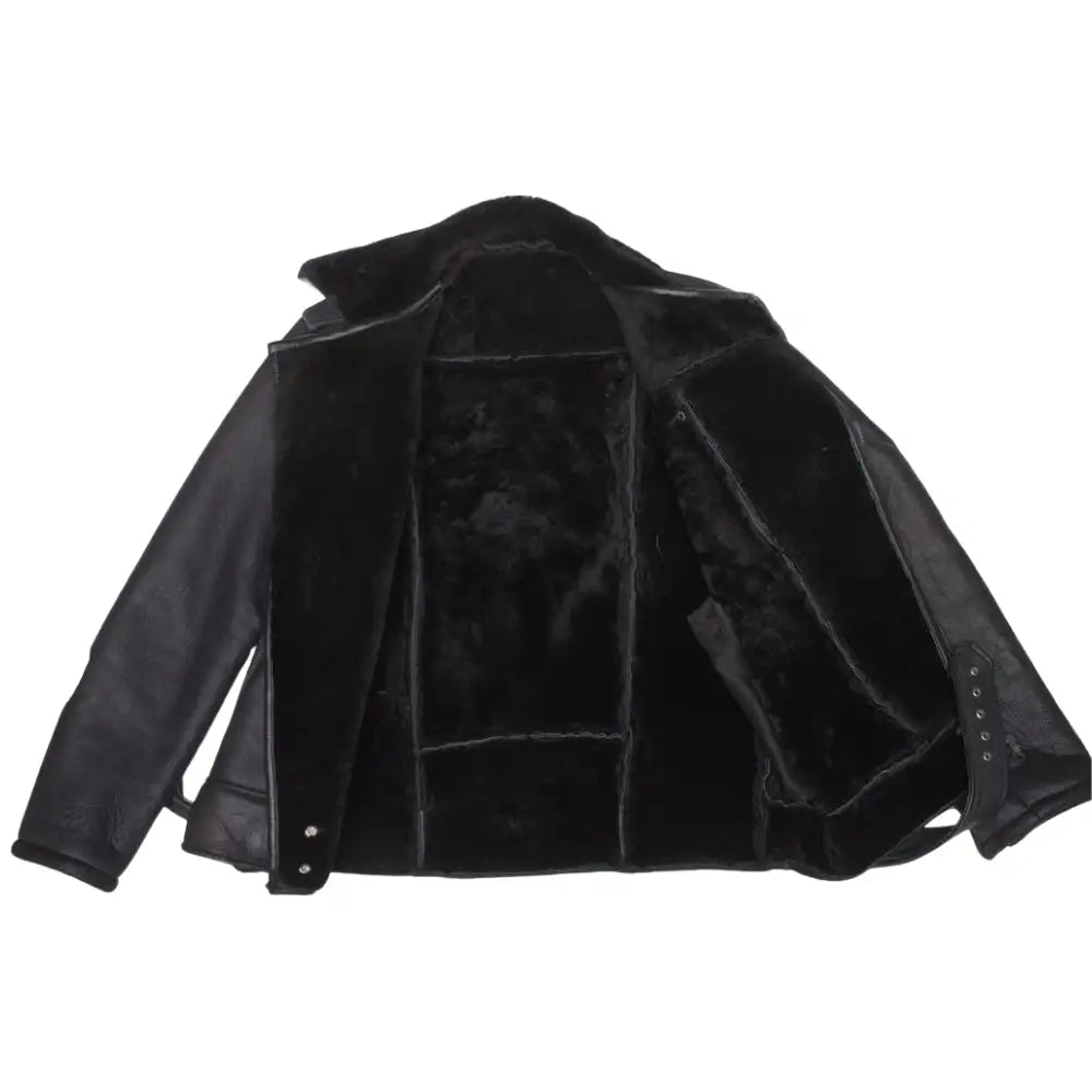 Black on Black Belted Shearling Leather Biker Jacket
