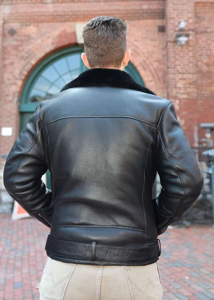 Black on Black Belted Shearling Leather Biker Jacket