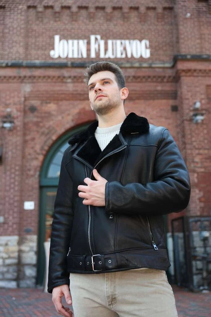 Black on Black Belted Shearling Leather Biker Jacket