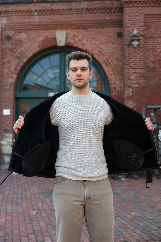 Black on Black Belted Shearling Leather Biker Jacket