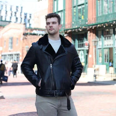 Black on Black Belted Shearling Leather Biker Jacket