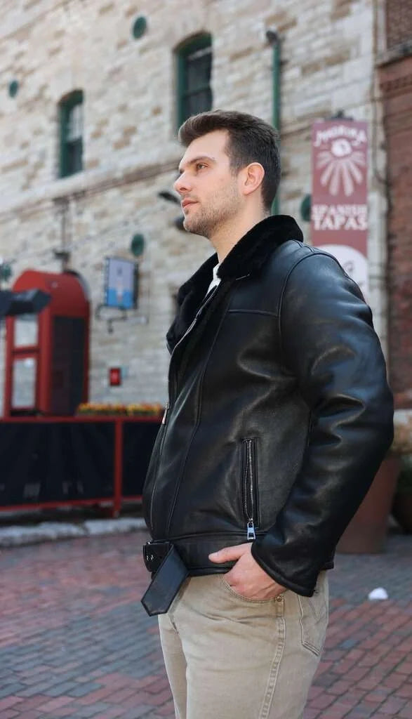 Black on Black Belted Shearling Leather Biker Jacket