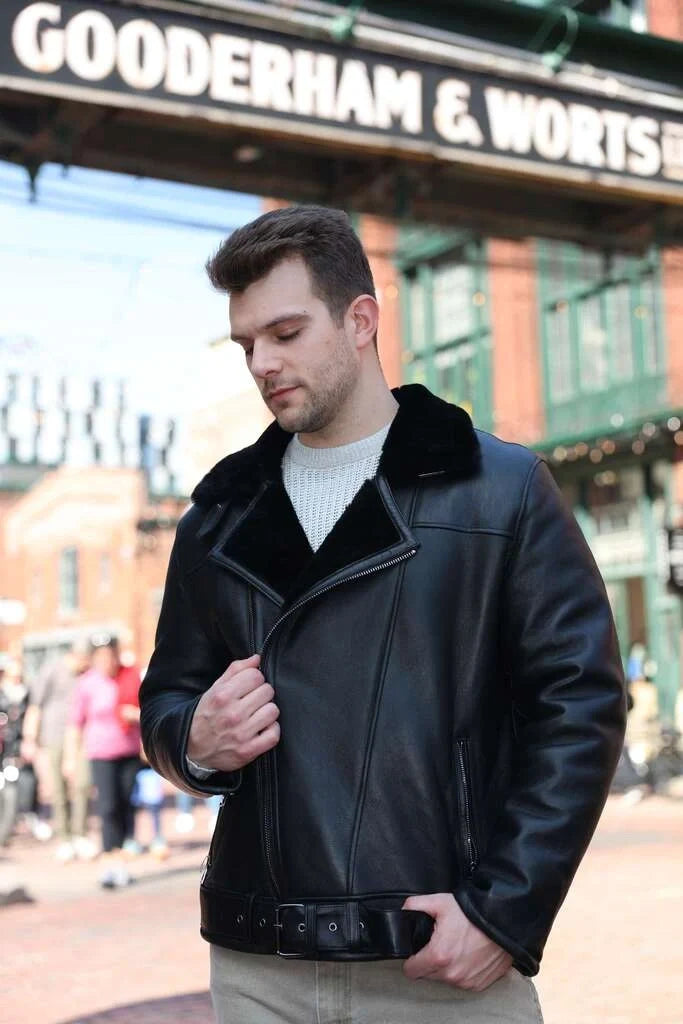Black on Black Belted Shearling Leather Biker Jacket