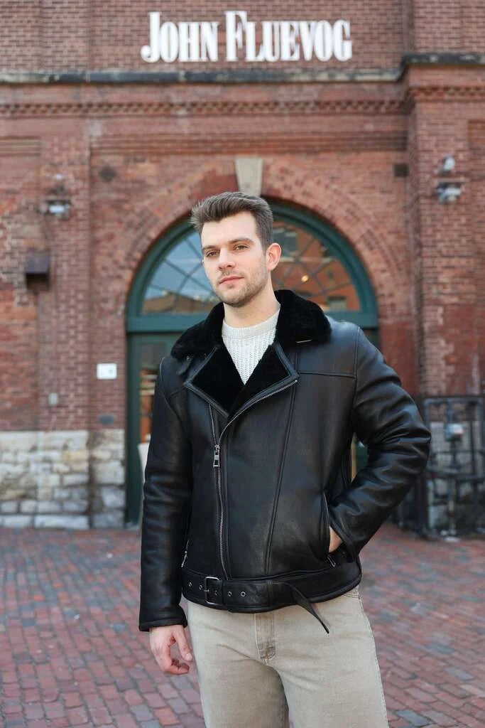 Black on Black Belted Shearling Leather Biker Jacket