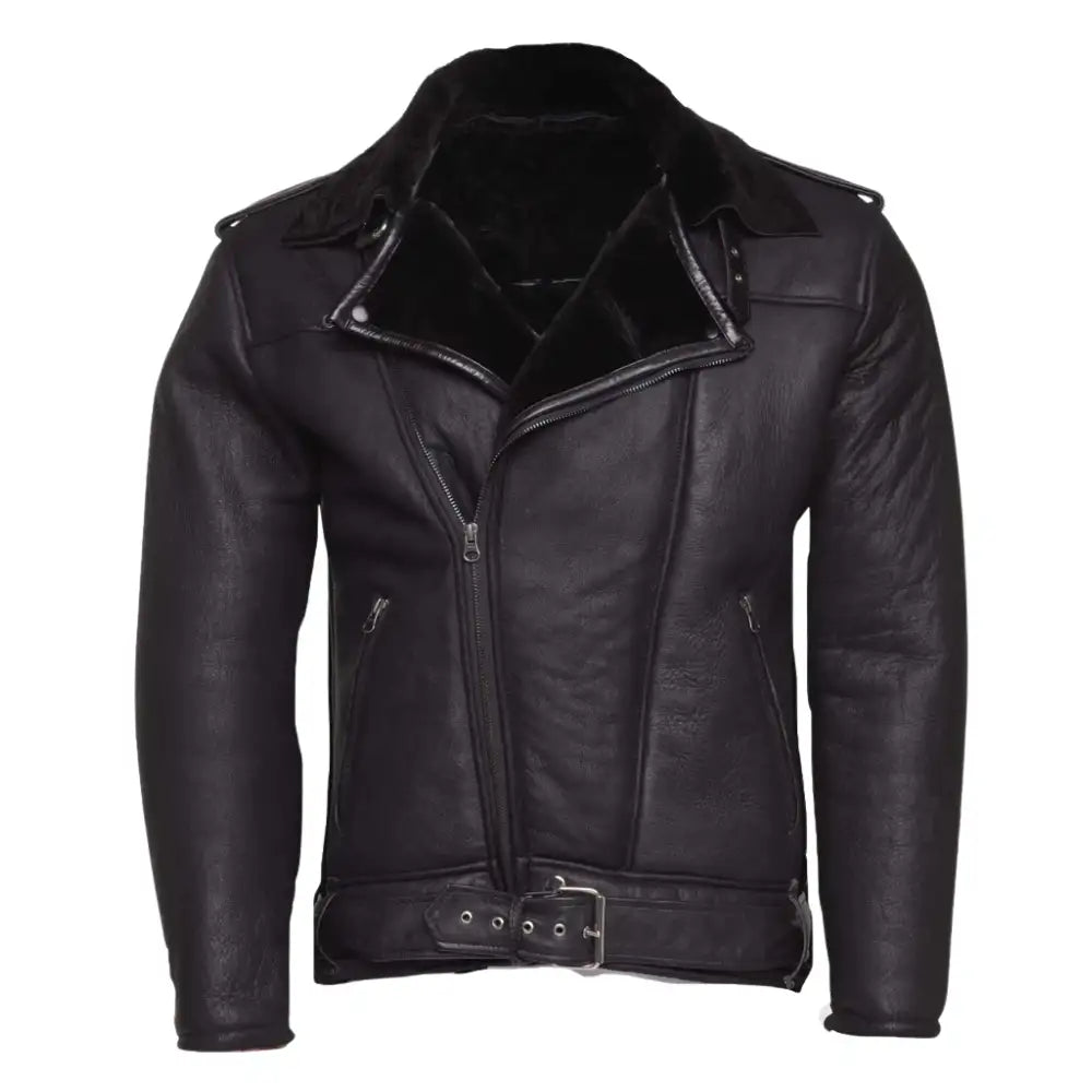 Black on Black Belted Shearling Leather Biker Jacket