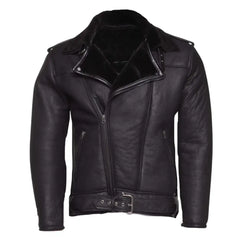 Black on Black Belted Shearling Leather Biker Jacket