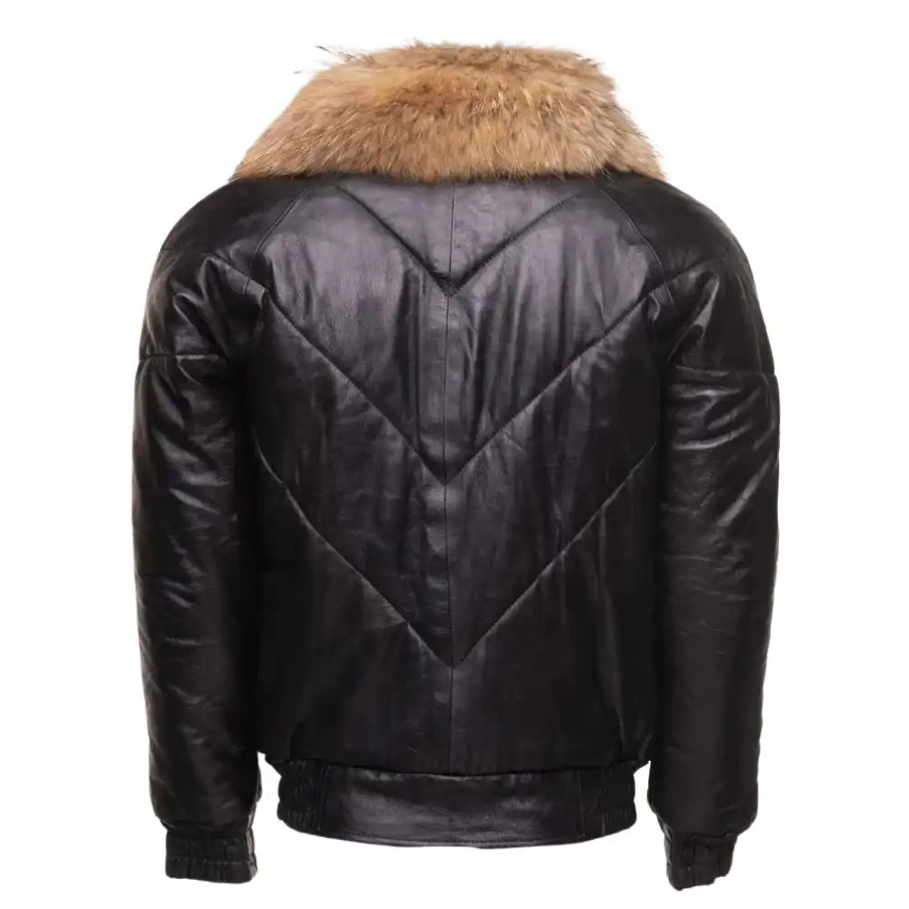 Black V-Bomber Leather Puffer Jacket with Fur Collar