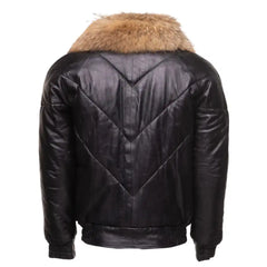 Black V-Bomber Leather Puffer Jacket with Fur Collar