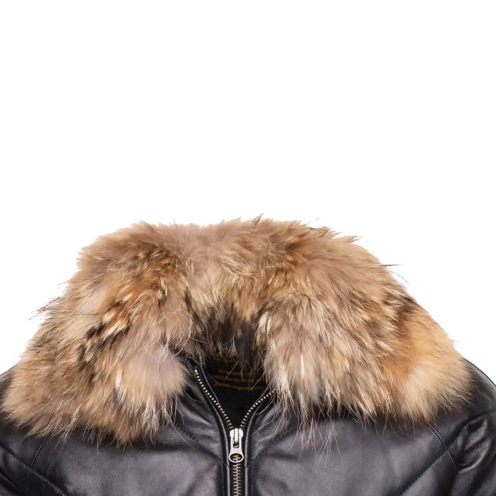 Black V-Bomber Leather Puffer Jacket with Fur Collar
