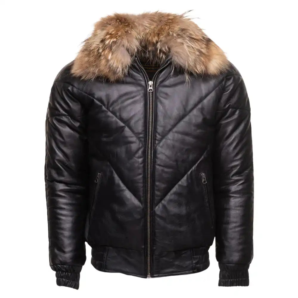 Black V-Bomber Leather Puffer Jacket with Fur Collar