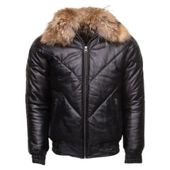 Black V-Bomber Leather Puffer Jacket with Fur Collar