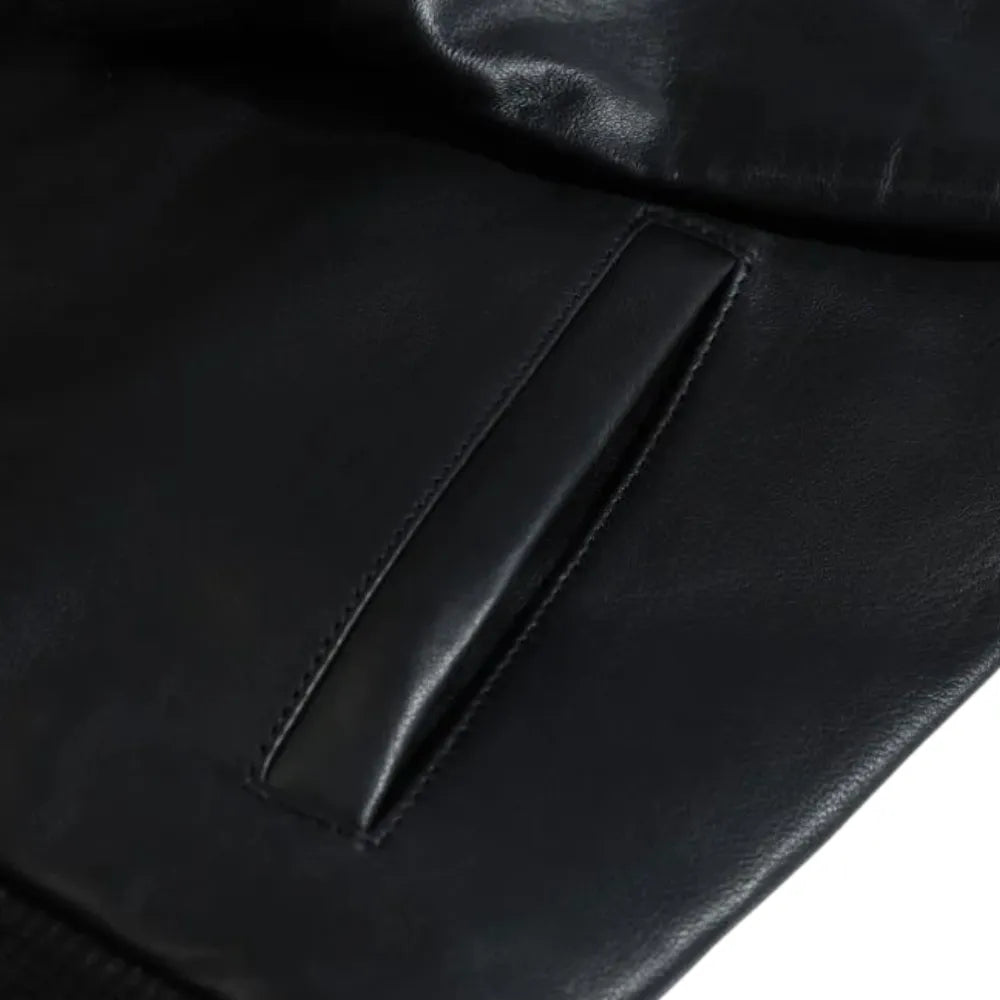 Black Bomber Style Ribbed Leather Jacket