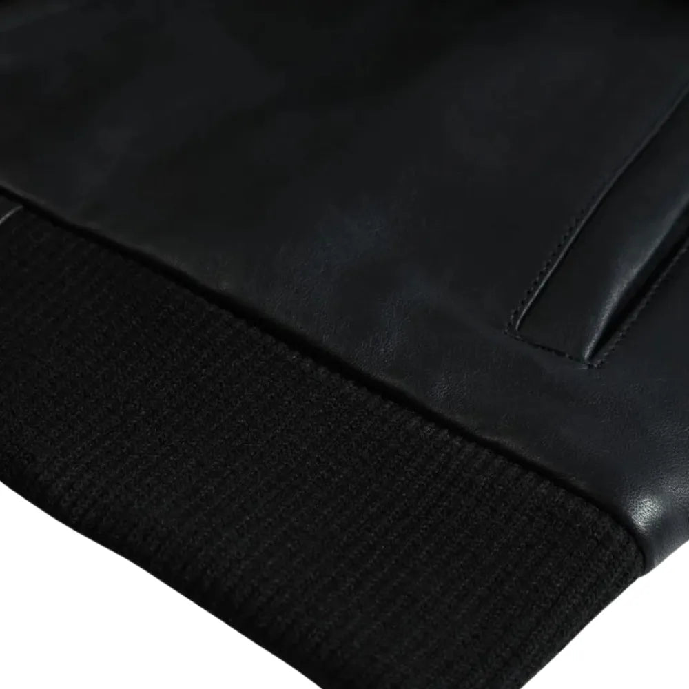 Black Bomber Style Ribbed Leather Jacket