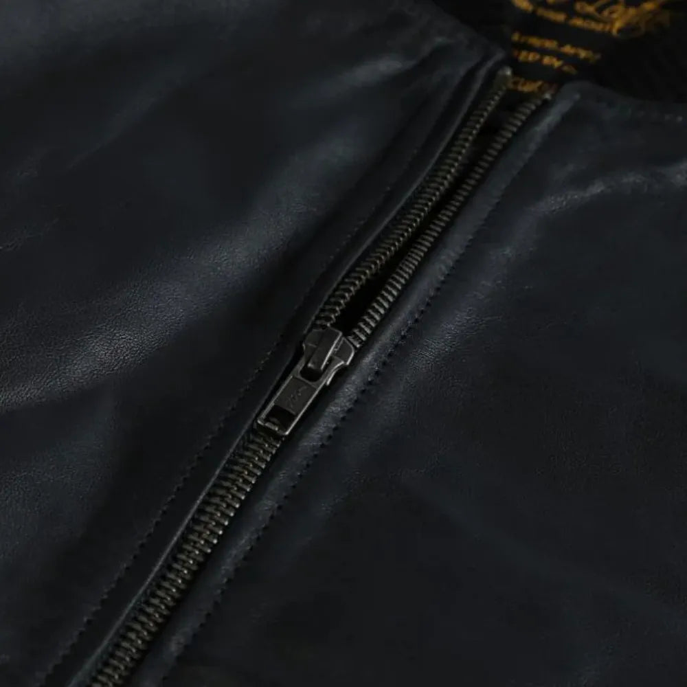 Black Bomber Style Ribbed Leather Jacket